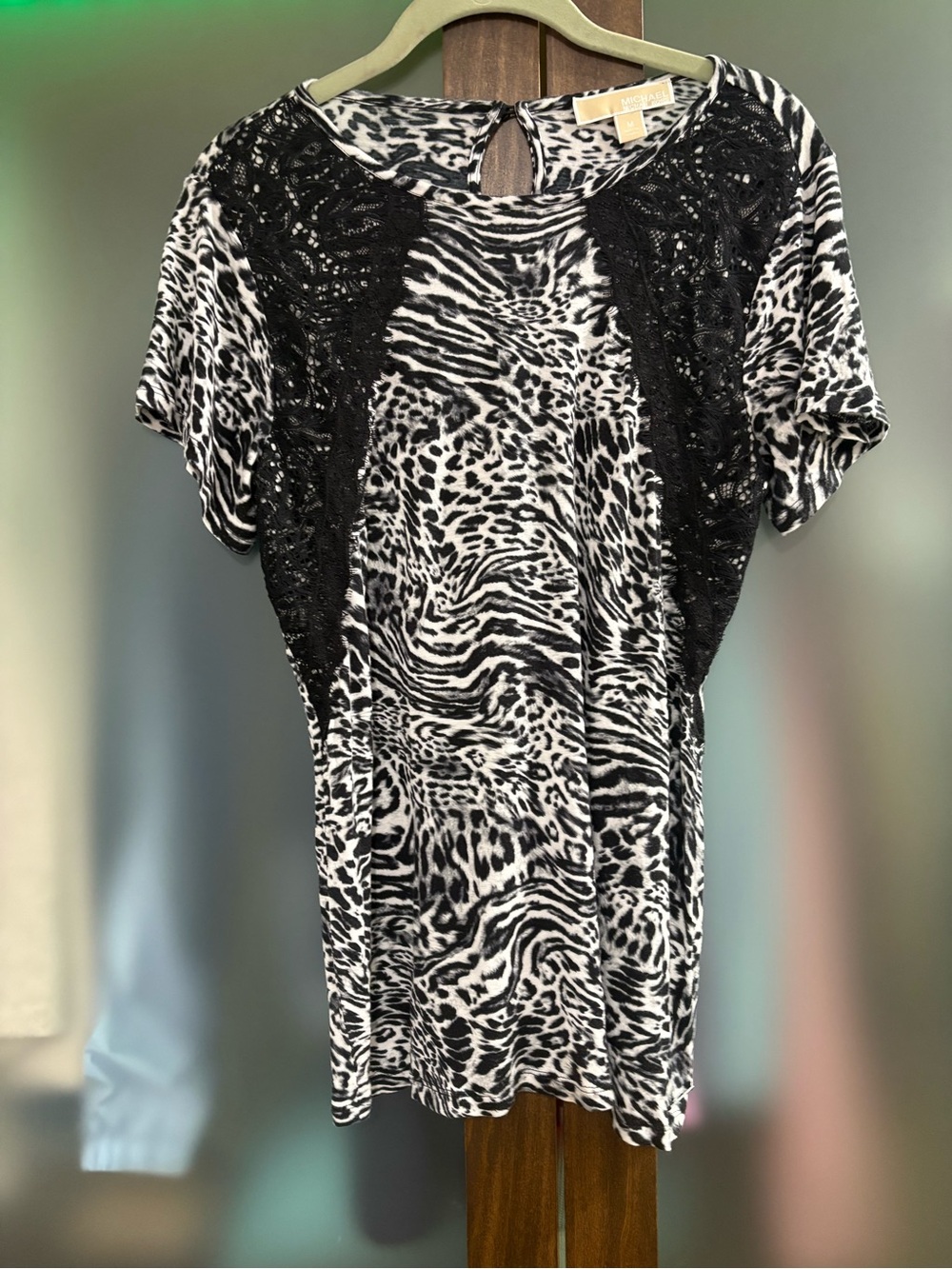 Michael Kors Black and White Animal-Print Short Sleeve Top with Lace Insets